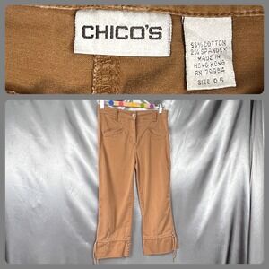Chicos Camel Brown Cropped Utility Pants Size 0.5 Cotton Stretch Side Tie Hem